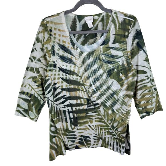 Chico's Leaf Print 3/4 Sleeve Sharkbite Hem Lightweight Stretchy Blouse Size M - Picture 1 of 7